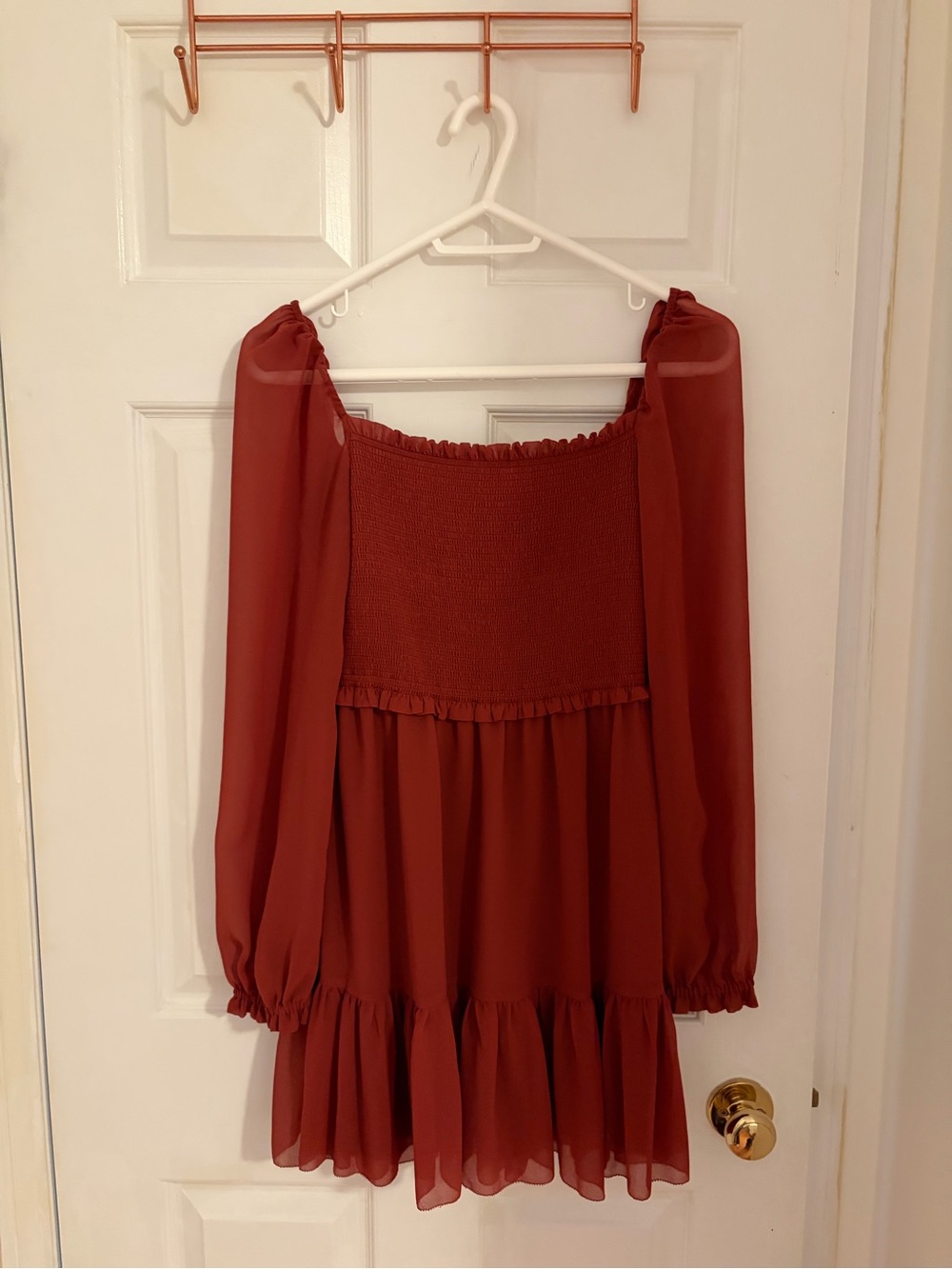 Aritzia Temptest Dress-Smocked Off-Shoulder Long Sleeve Mini Dress - Rust